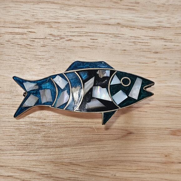 Alpaca Silver Fish Barrette in Blue and Black Inlaid with Mother of Pearl Chips
